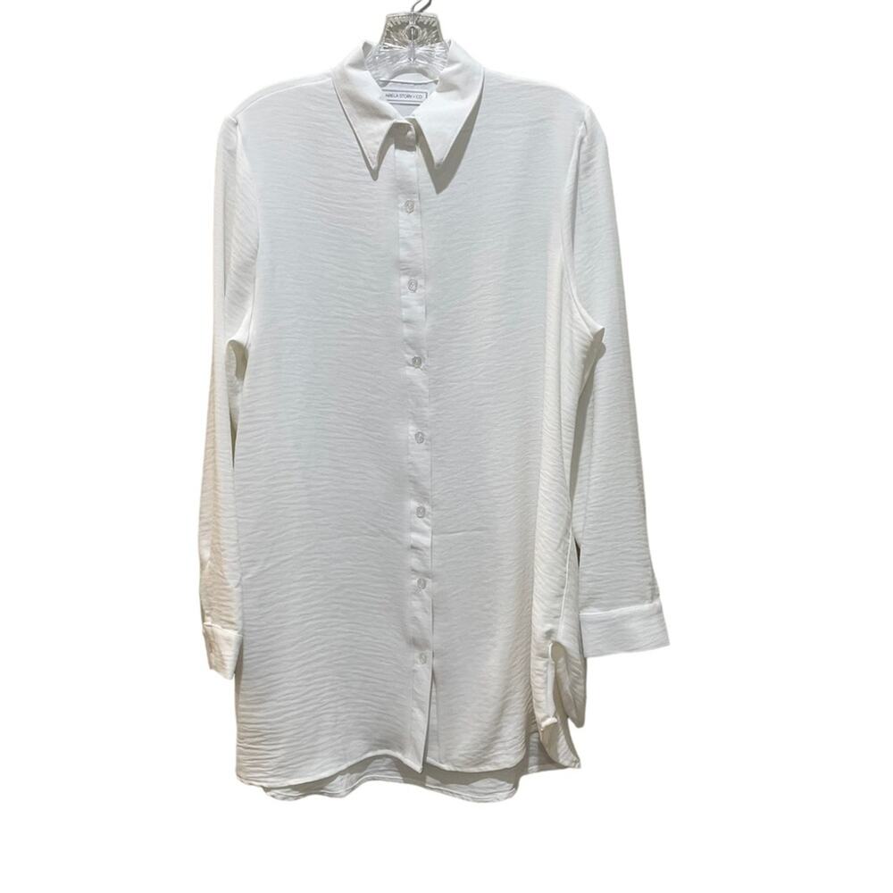 Abela Story + Co White Button Down Tunic Shirt Long Sleeve Women’s Size Small